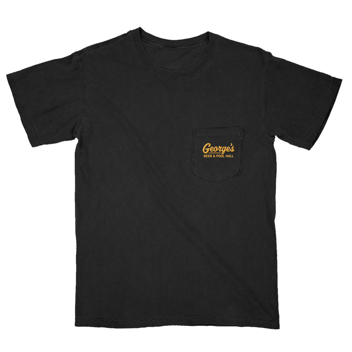 A black short-sleeve pocket t-shirt with a chest pocket featuring a yellow logo that reads 'George's Beer & Pool Hall'.