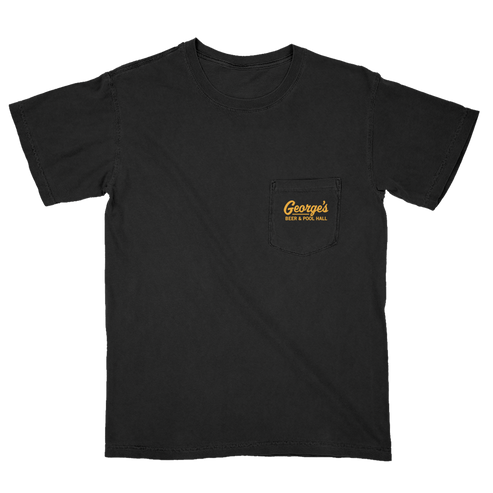 A black short-sleeve pocket t-shirt with a chest pocket featuring a yellow logo that reads 'George's Beer & Pool Hall'.
