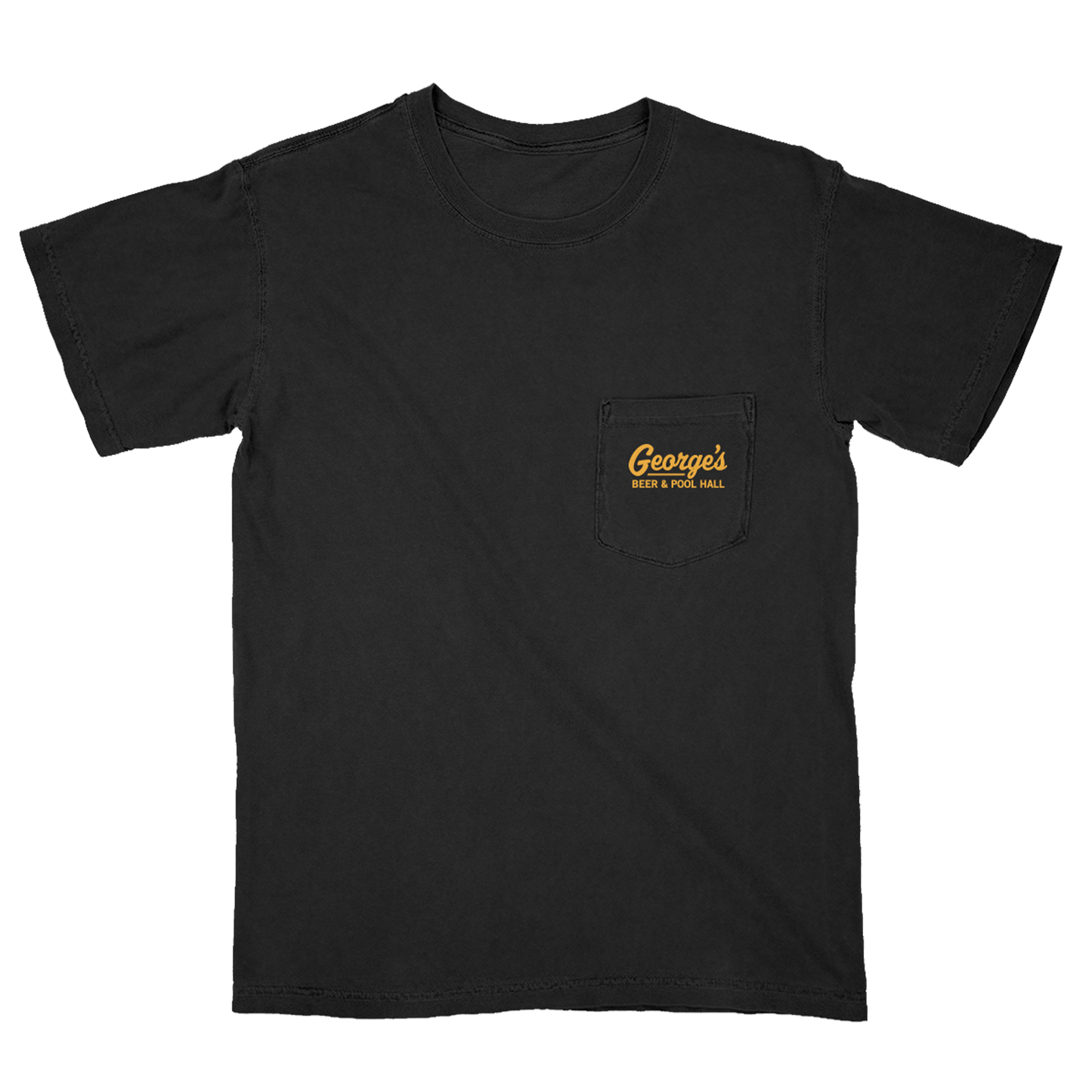 A black short-sleeve pocket t-shirt with a chest pocket featuring a yellow logo that reads 'George's Beer & Pool Hall'.