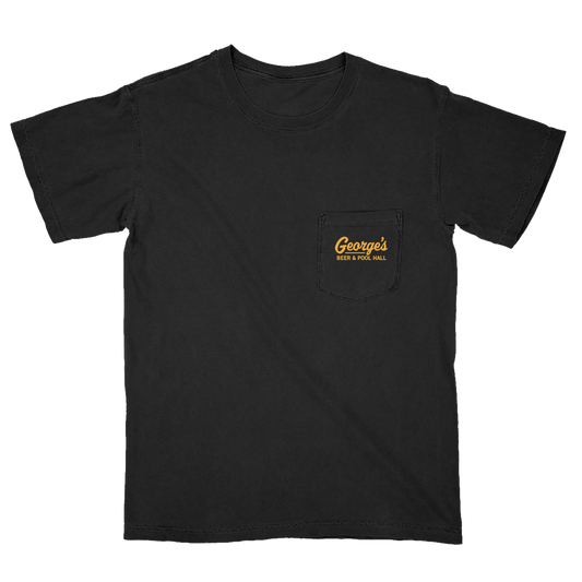 A black short-sleeve pocket t-shirt with a chest pocket featuring a yellow logo that reads 'George's Beer & Pool Hall'.