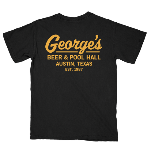 A black short-sleeve t-shirt shown from the back, featuring a retro-style yellow graphic print that reads 'George's BEER & POOL HALL AUSTIN, TEXAS EST. 1987'.